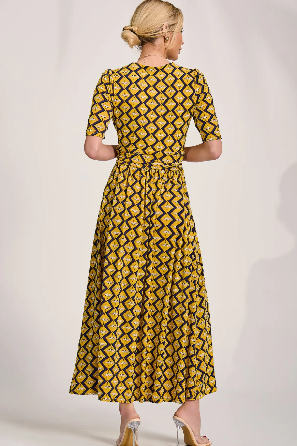 Sleeved Jersey Maxi Dress, Yellow Geo