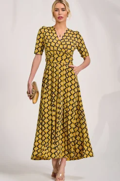 Sleeved Jersey Maxi Dress, Yellow Geo