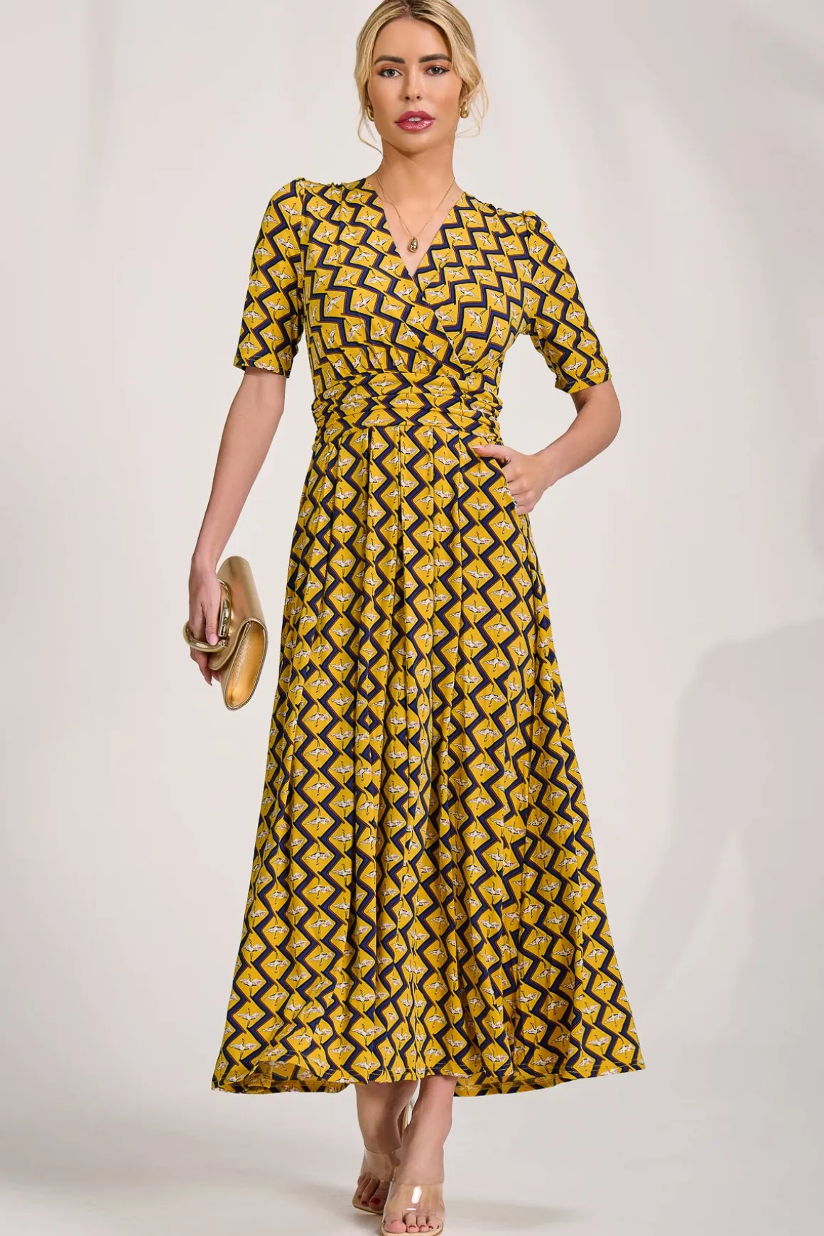 Sleeved Jersey Maxi Dress, Yellow Geo
