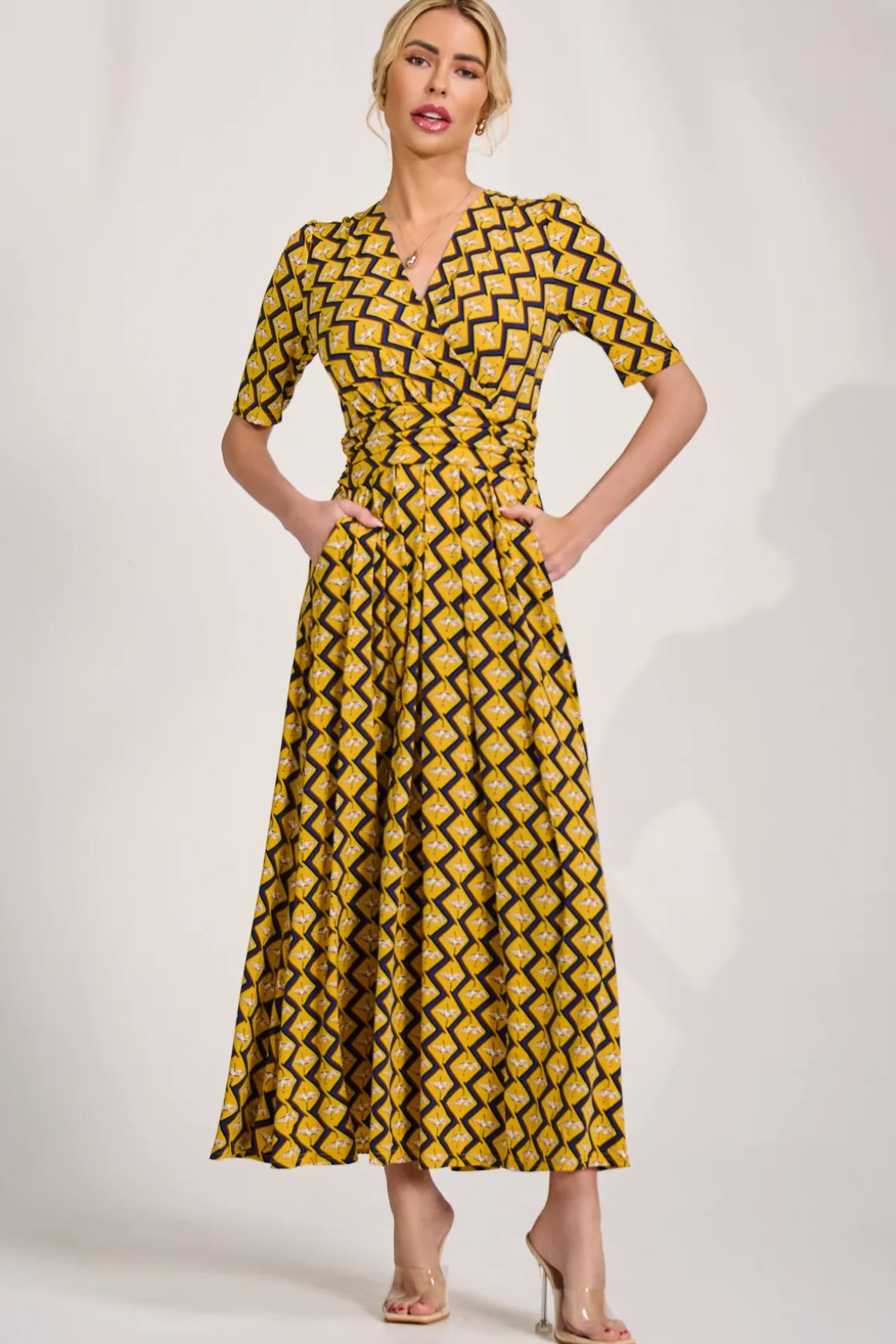 Sleeved Jersey Maxi Dress, Yellow Geo