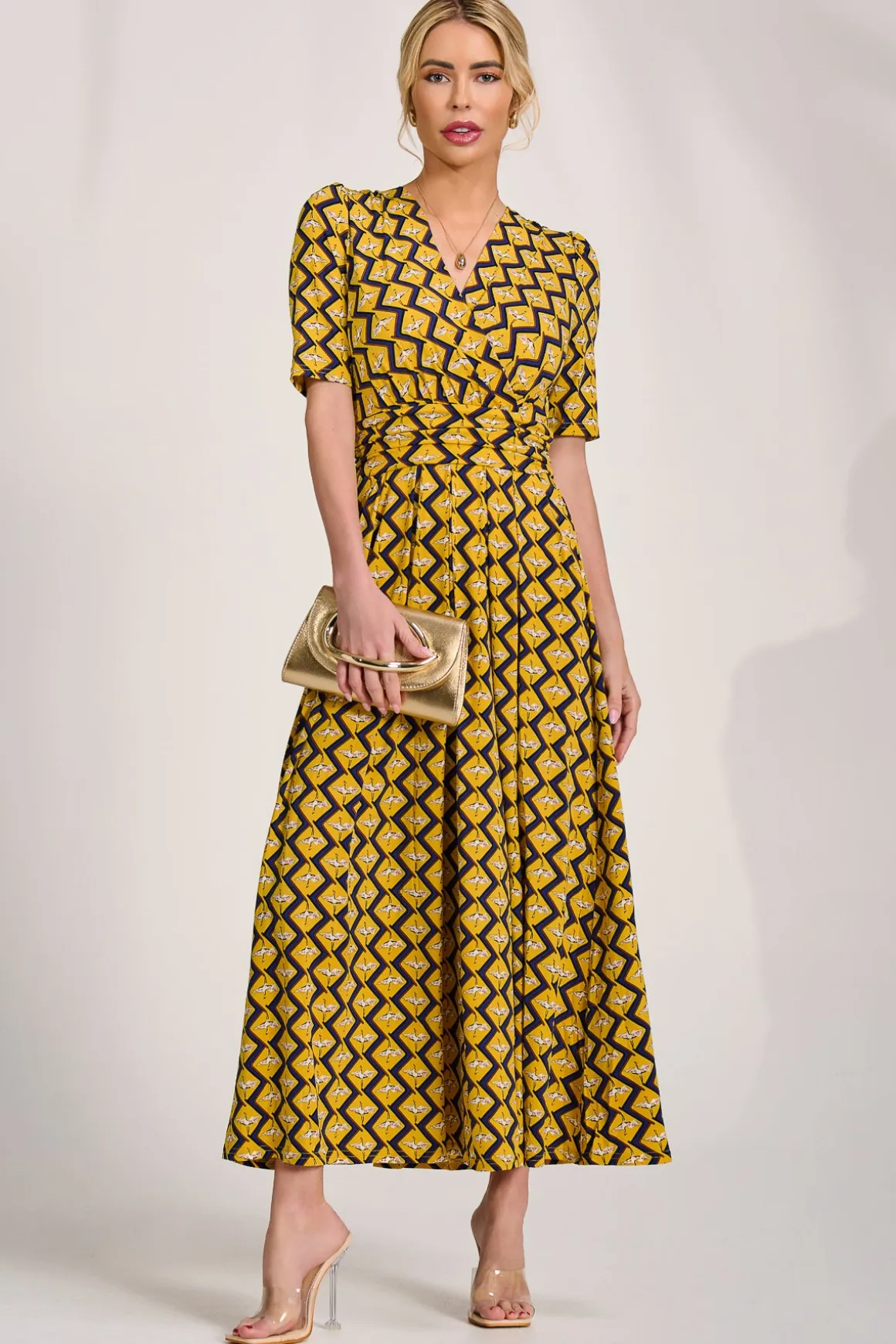 Sleeved Jersey Maxi Dress, Yellow Geo