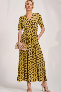 Sleeved Jersey Maxi Dress, Yellow Geo