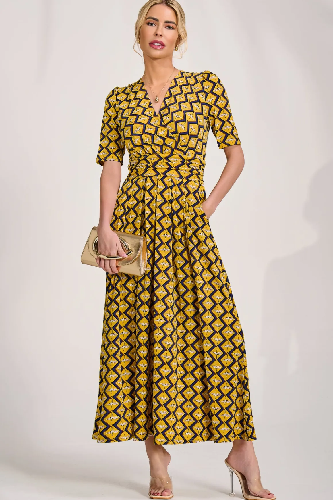 Sleeved Jersey Maxi Dress, Yellow Geo