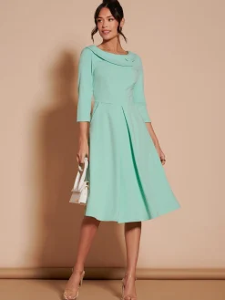 3/4 Sleeve Fold Neck Midi Dress, Light Green
