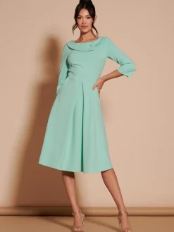 3/4 Sleeve Fold Neck Midi Dress, Light Green