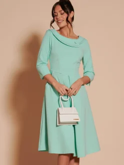3/4 Sleeve Fold Neck Midi Dress, Light Green