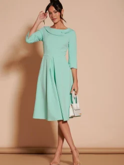 3/4 Sleeve Fold Neck Midi Dress, Light Green
