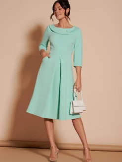 3/4 Sleeve Fold Neck Midi Dress, Light Green