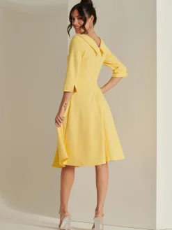 3/4 Sleeve Fold Neck Midi Dress, Light Yellow