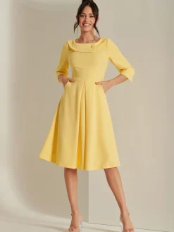 3/4 Sleeve Fold Neck Midi Dress, Light Yellow