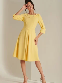 3/4 Sleeve Fold Neck Midi Dress, Light Yellow