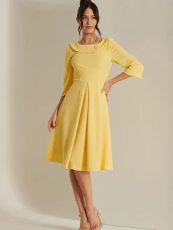 3/4 Sleeve Fold Neck Midi Dress, Light Yellow