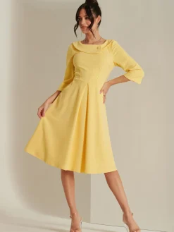 3/4 Sleeve Fold Neck Midi Dress, Light Yellow