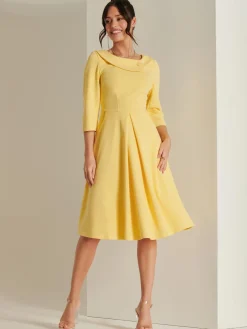 3/4 Sleeve Fold Neck Midi Dress, Light Yellow