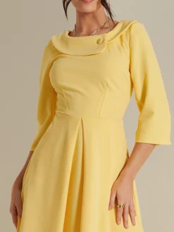 3/4 Sleeve Fold Neck Midi Dress, Light Yellow