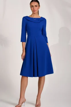 ¾ Sleeve Fold Neck Midi Dress, Royal Blue