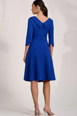 ¾ Sleeve Fold Neck Midi Dress, Royal Blue