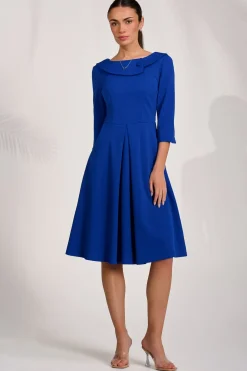 ¾ Sleeve Fold Neck Midi Dress, Royal Blue