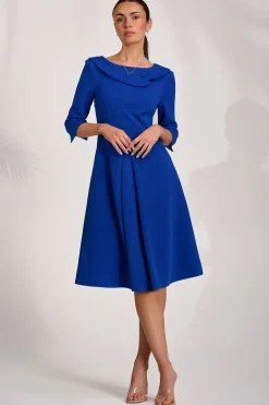 ¾ Sleeve Fold Neck Midi Dress, Royal Blue
