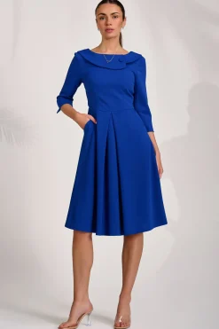 ¾ Sleeve Fold Neck Midi Dress, Royal Blue