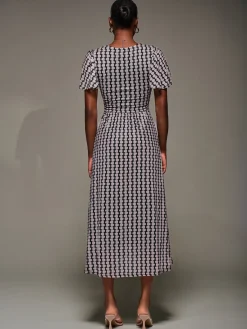 3/4 Sleeve Geo Shift Midi Dress, Black Geo