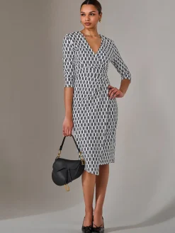 3/4 Sleeve Geo Shift Midi Dress, White Geo