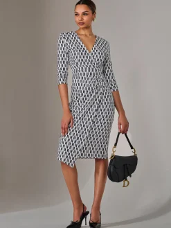 3/4 Sleeve Geo Shift Midi Dress, White Geo