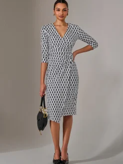3/4 Sleeve Geo Shift Midi Dress, White Geo