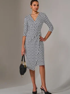 3/4 Sleeve Geo Shift Midi Dress, White Geo