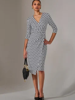 3/4 Sleeve Geo Shift Midi Dress, White Geo