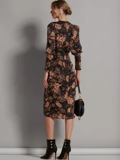 Sleeveless Bodycon Midi Dress, Brown Floral