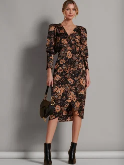 Sleeveless Bodycon Midi Dress, Brown Floral
