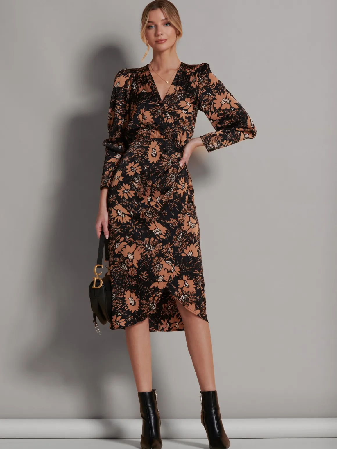 Sleeveless Bodycon Midi Dress, Brown Floral