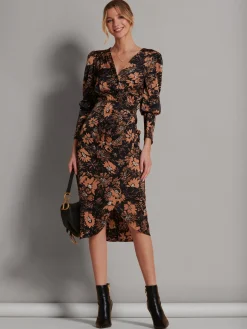 Sleeveless Bodycon Midi Dress, Brown Floral