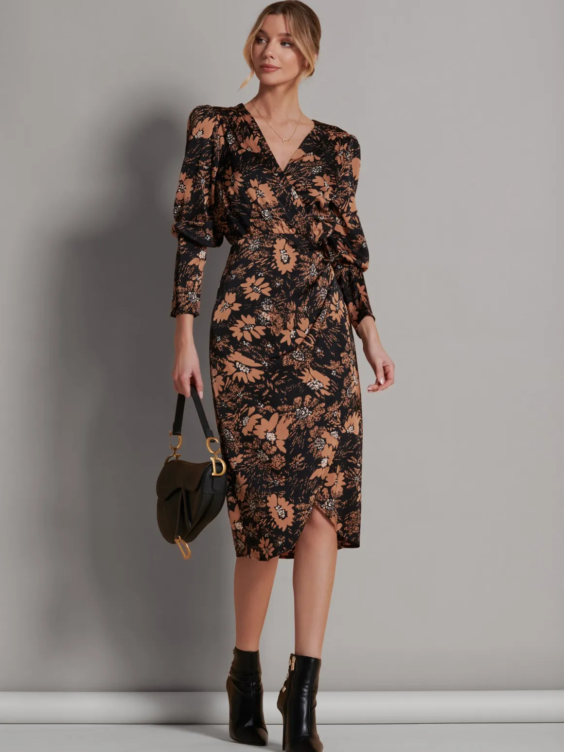Sleeveless Bodycon Midi Dress, Brown Floral