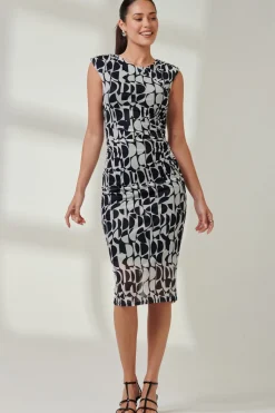 Sleeveless Bodycon Midi Dress, Navy Geo