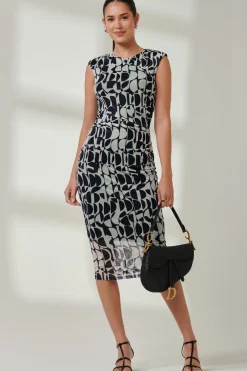 Sleeveless Bodycon Midi Dress, Navy Geo