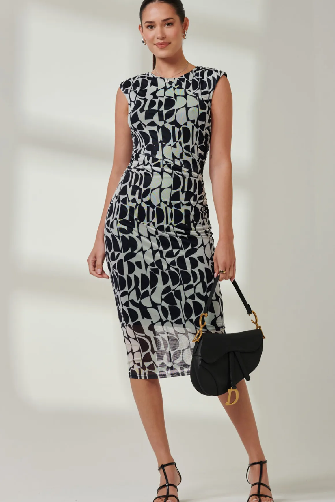 Sleeveless Bodycon Midi Dress, Navy Geo