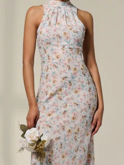 Sleeveless Chiffon Halterneck Midaxi Dress, Beige Floral