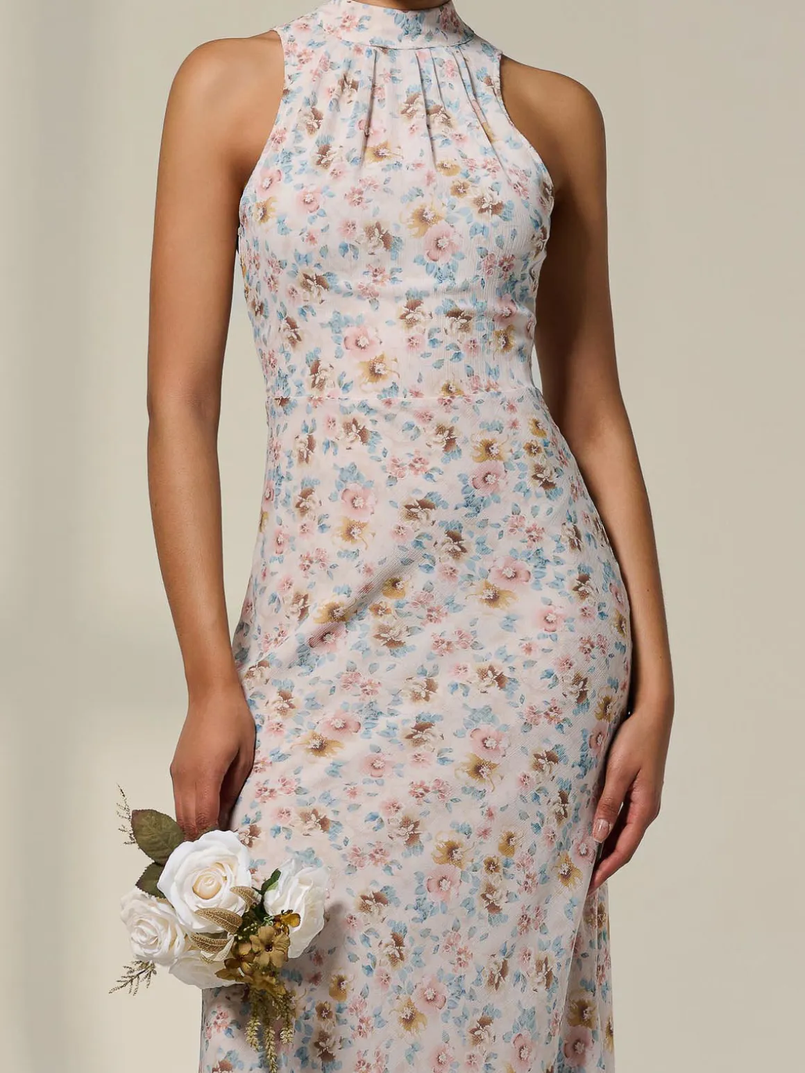 Sleeveless Chiffon Halterneck Midaxi Dress, Beige Floral