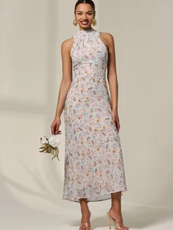 Sleeveless Chiffon Halterneck Midaxi Dress, Beige Floral