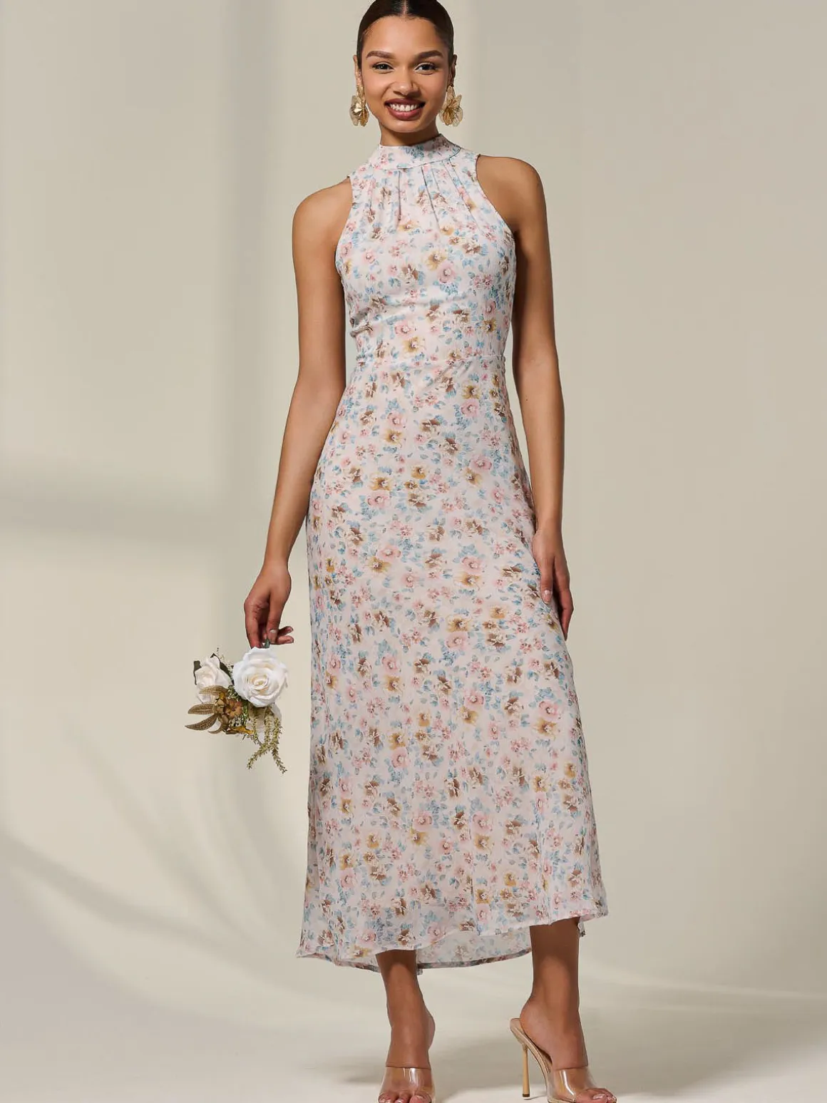 Sleeveless Chiffon Halterneck Midaxi Dress, Beige Floral