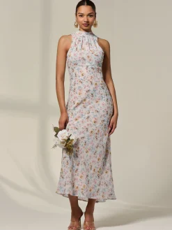 Sleeveless Chiffon Halterneck Midaxi Dress, Beige Floral