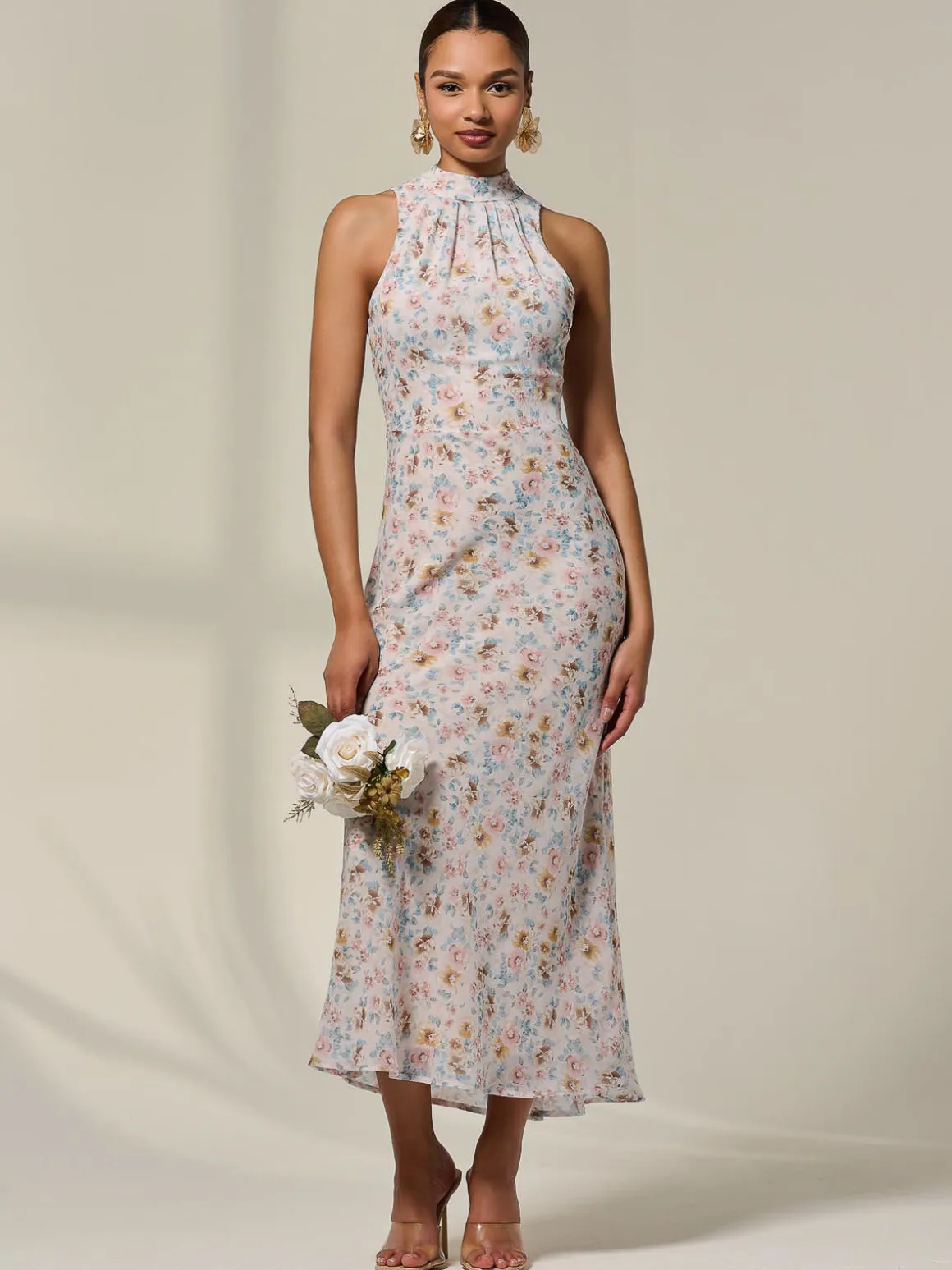 Sleeveless Chiffon Halterneck Midaxi Dress, Beige Floral