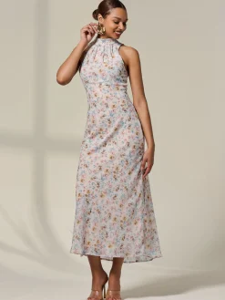 Sleeveless Chiffon Halterneck Midaxi Dress, Beige Floral