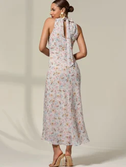 Sleeveless Chiffon Halterneck Midaxi Dress, Beige Floral