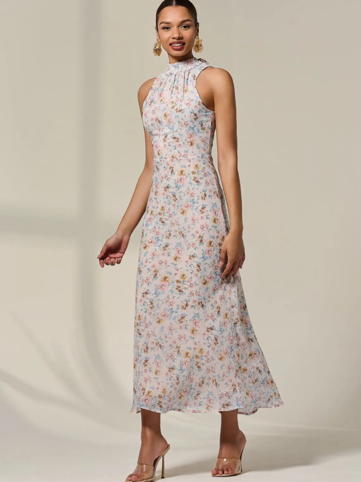 Sleeveless Chiffon Halterneck Midaxi Dress, Beige Floral