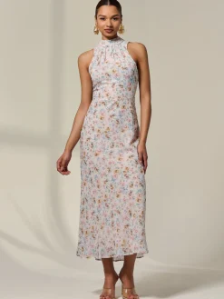 Sleeveless Chiffon Halterneck Midaxi Dress, Beige Floral