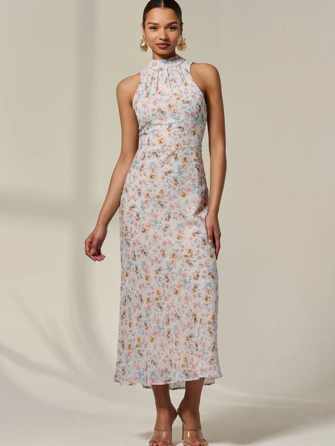 Sleeveless Chiffon Halterneck Midaxi Dress, Beige Floral