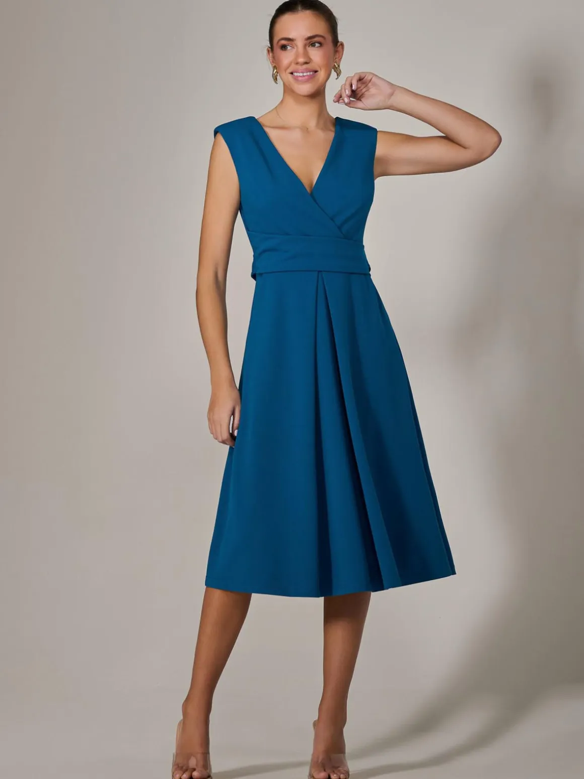 Sleeveless Tie Waist Midi Dress, Teal